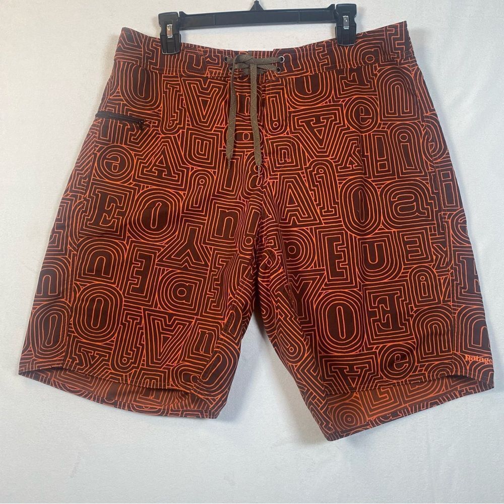 Patagonia Wavefarer Orange and Brown Letter Design Board Shorts Size 34